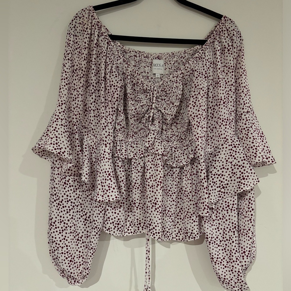 Misa Los Angeles Womens Long Bell Ruffle Sleeve Polka Dot Blouse Size S